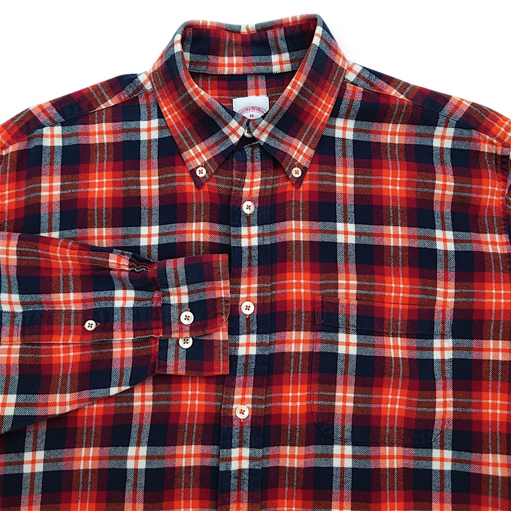 Brooks Brothers 346 Men M Orange Navy Plaid Flannel Button Down Shirt 5467-1108